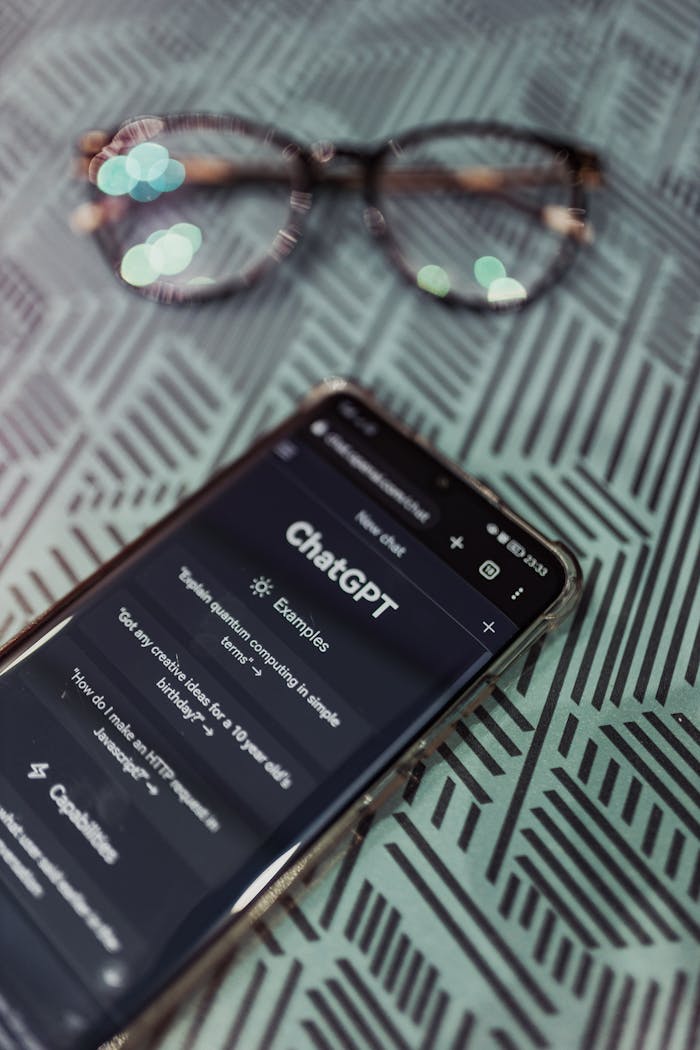 services-03 Smartphone with ChatGPT app interface next to eyeglasses on patterned surface.