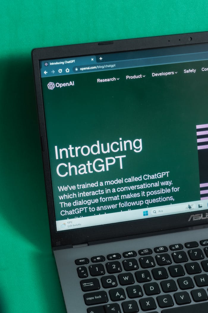 services-04 Laptop screen displaying the introductory page of ChatGPT on OpenAI's website.