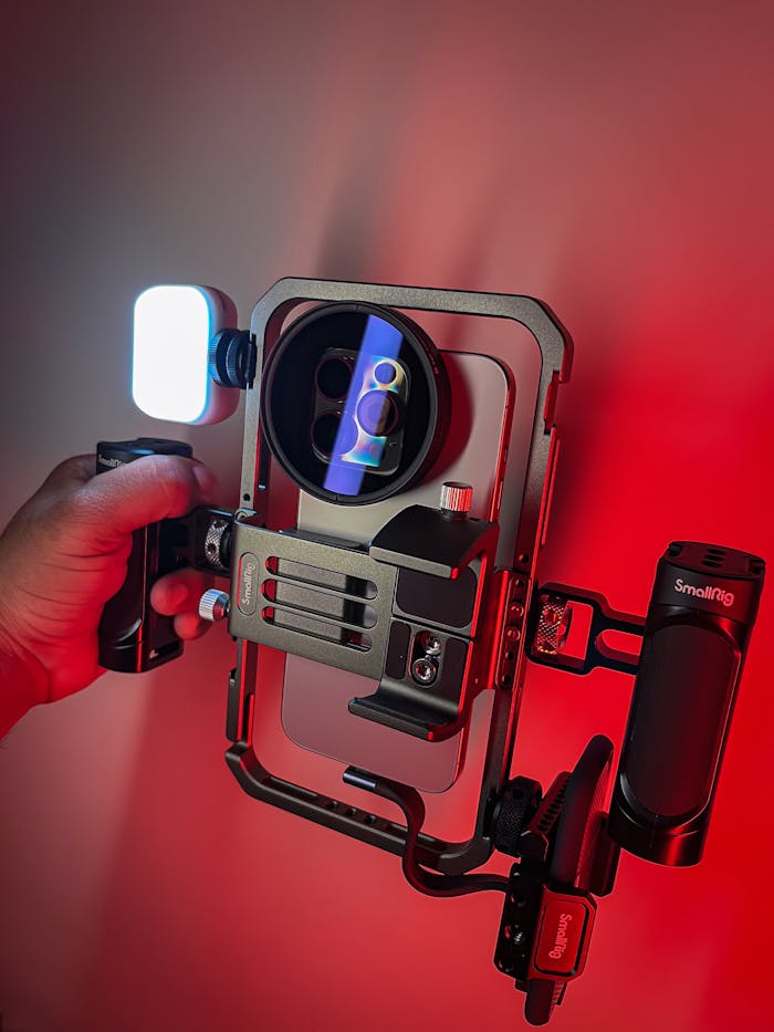 who-we-are Close-up of a camera rig with LED light in a red-lit environment, capturing vibrant colors.