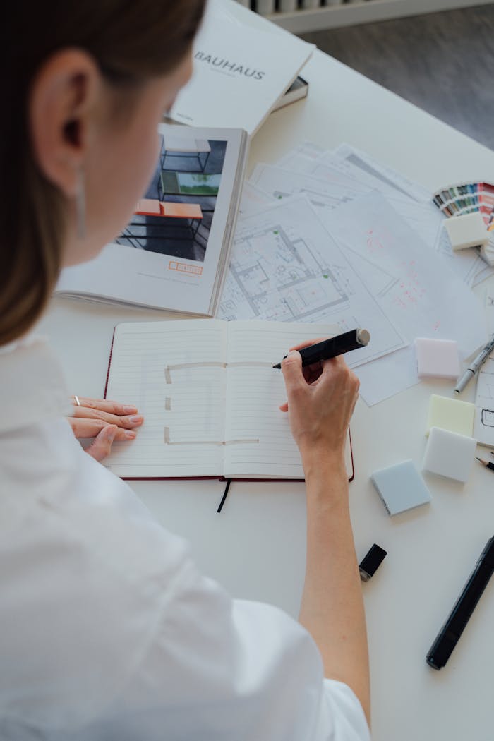 Interior designer sketching a floor plan with architecture materials on desk.